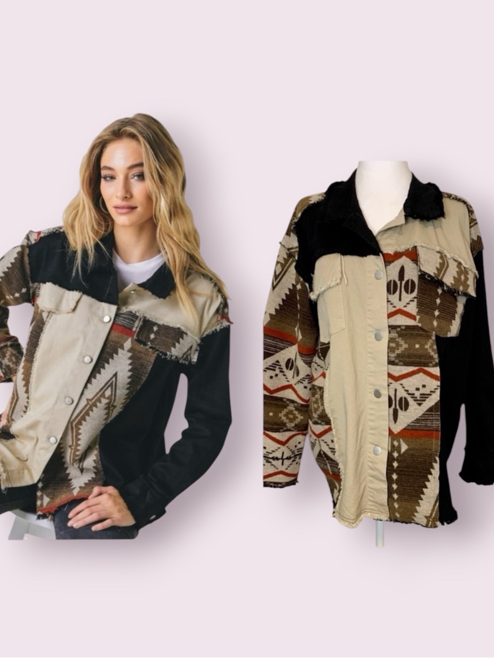 Davi & Dani Aztec Tribal Mixed Media Western Button Down Top Patchwork Medium